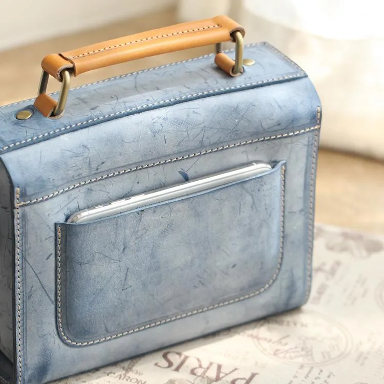 Womens Blue Leather Small Satchel Shoulder Bag Waxed Leather Cambridge Small Satchel Handbag Purse for Women