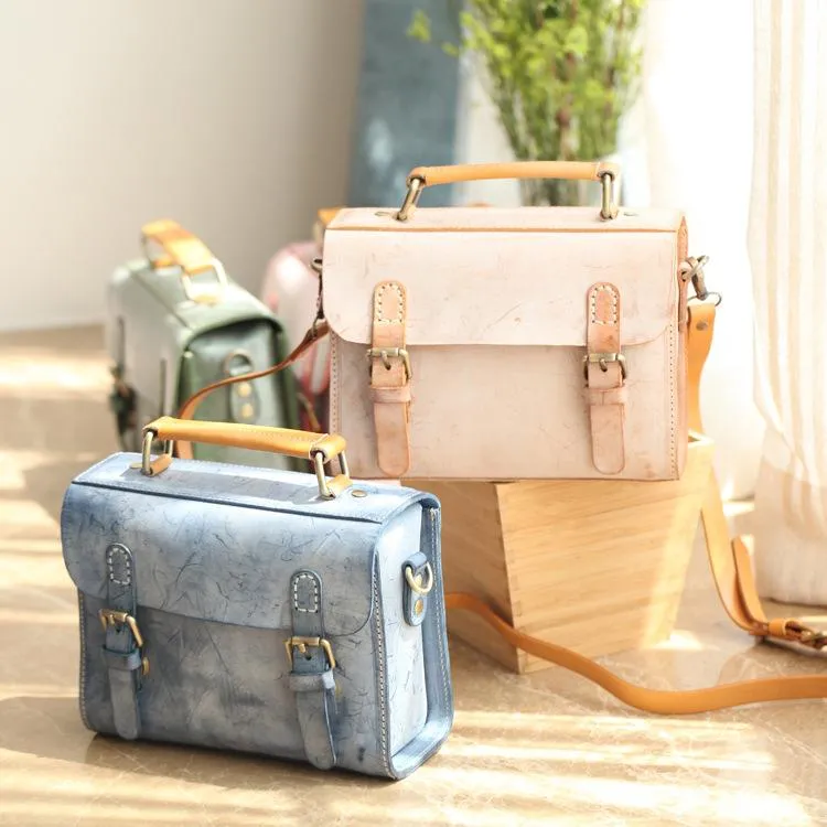 Womens Blue Leather Small Satchel Shoulder Bag Waxed Leather Cambridge Small Satchel Handbag Purse for Women