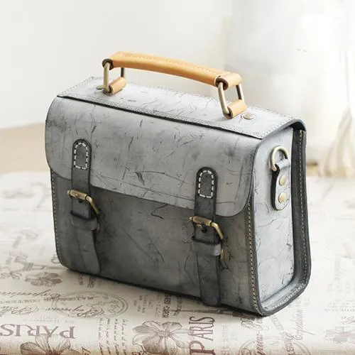 Womens Blue Leather Small Satchel Shoulder Bag Waxed Leather Cambridge Small Satchel Handbag Purse for Women
