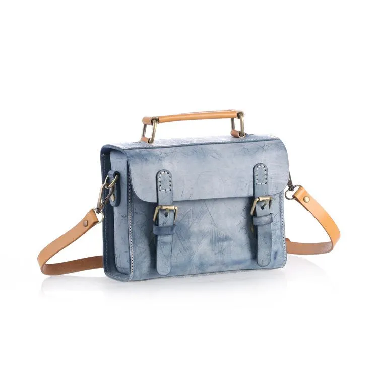 Womens Blue Leather Small Satchel Shoulder Bag Waxed Leather Cambridge Small Satchel Handbag Purse for Women
