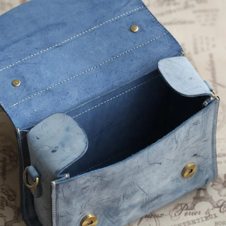 Womens Blue Leather Small Satchel Shoulder Bag Waxed Leather Cambridge Small Satchel Handbag Purse for Women