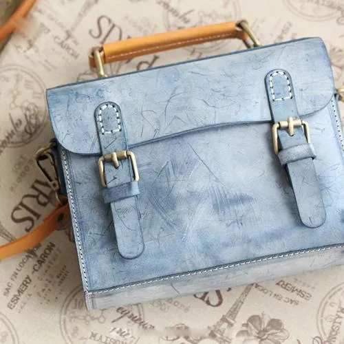 Womens Blue Leather Small Satchel Shoulder Bag Waxed Leather Cambridge Small Satchel Handbag Purse for Women