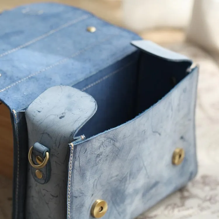 Womens Blue Leather Small Satchel Shoulder Bag Waxed Leather Cambridge Small Satchel Handbag Purse for Women