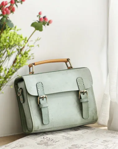 Womens Blue Leather Small Satchel Shoulder Bag Waxed Leather Cambridge Small Satchel Handbag Purse for Women