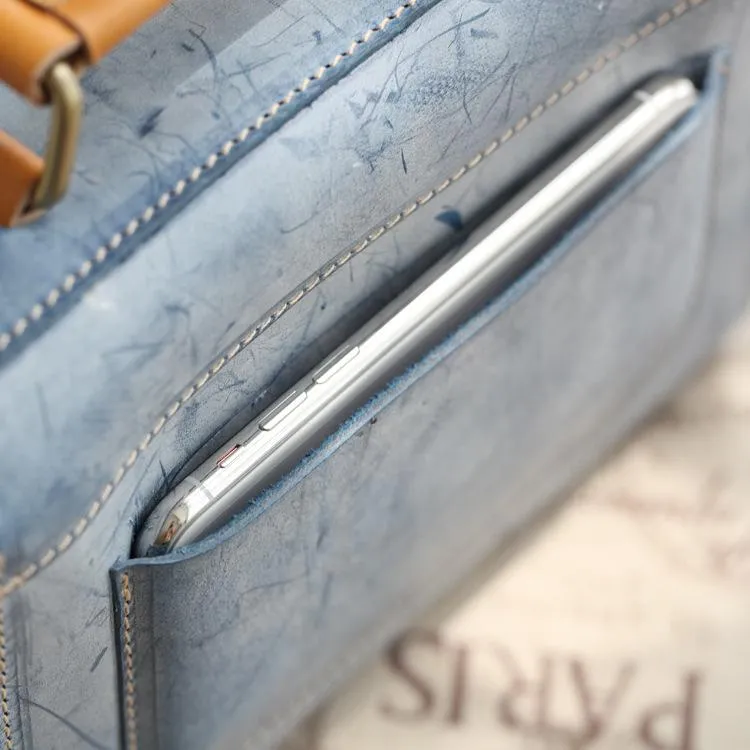 Womens Blue Leather Small Satchel Shoulder Bag Waxed Leather Cambridge Small Satchel Handbag Purse for Women