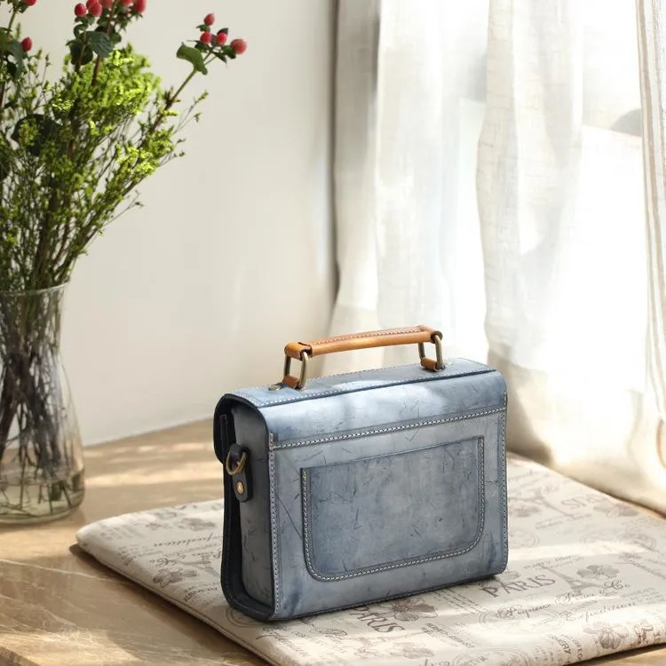 Womens Blue Leather Small Satchel Shoulder Bag Waxed Leather Cambridge Small Satchel Handbag Purse for Women