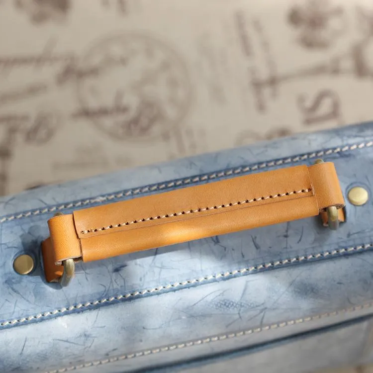 Womens Blue Leather Small Satchel Shoulder Bag Waxed Leather Cambridge Small Satchel Handbag Purse for Women
