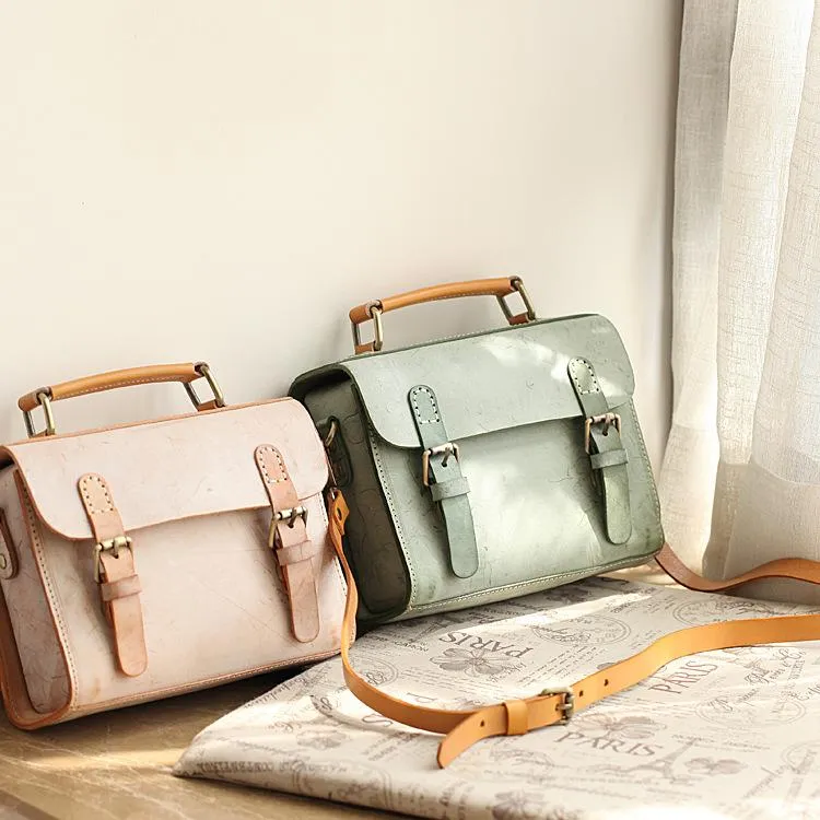 Womens Blue Leather Small Satchel Shoulder Bag Waxed Leather Cambridge Small Satchel Handbag Purse for Women
