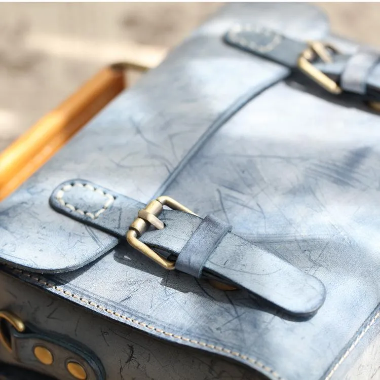 Womens Blue Leather Small Satchel Shoulder Bag Waxed Leather Cambridge Small Satchel Handbag Purse for Women
