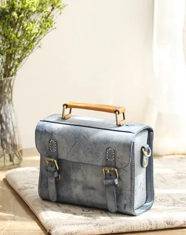 Womens Blue Leather Small Satchel Shoulder Bag Waxed Leather Cambridge Small Satchel Handbag Purse for Women