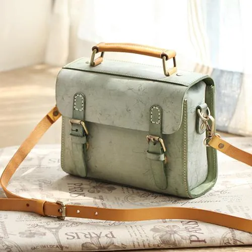 Womens Blue Leather Small Satchel Shoulder Bag Waxed Leather Cambridge Small Satchel Handbag Purse for Women