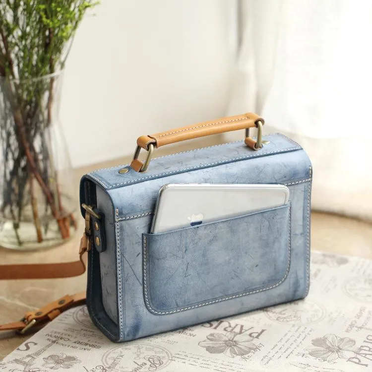 Womens Blue Leather Small Satchel Shoulder Bag Waxed Leather Cambridge Small Satchel Handbag Purse for Women