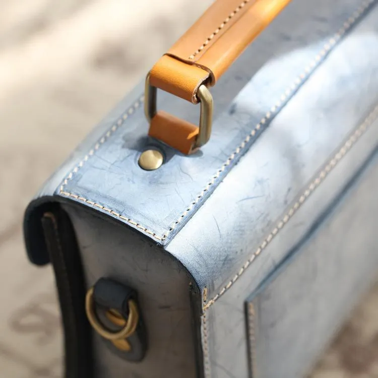 Womens Blue Leather Small Satchel Shoulder Bag Waxed Leather Cambridge Small Satchel Handbag Purse for Women