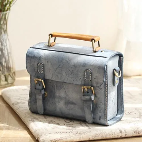 Womens Blue Leather Small Satchel Shoulder Bag Waxed Leather Cambridge Small Satchel Handbag Purse for Women