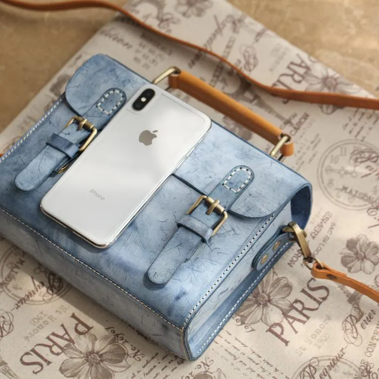 Womens Blue Leather Small Satchel Shoulder Bag Waxed Leather Cambridge Small Satchel Handbag Purse for Women