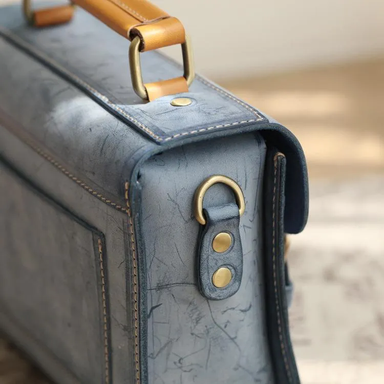 Womens Blue Leather Small Satchel Shoulder Bag Waxed Leather Cambridge Small Satchel Handbag Purse for Women