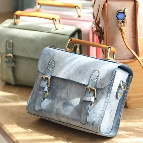 Womens Blue Leather Small Satchel Shoulder Bag Waxed Leather Cambridge Small Satchel Handbag Purse for Women