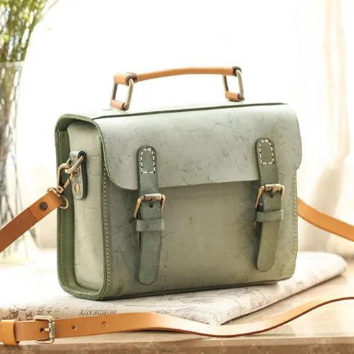Womens Blue Leather Small Satchel Shoulder Bag Waxed Leather Cambridge Small Satchel Handbag Purse for Women