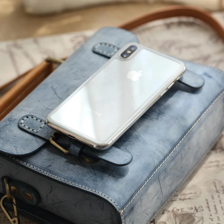 Womens Blue Leather Small Satchel Shoulder Bag Waxed Leather Cambridge Small Satchel Handbag Purse for Women