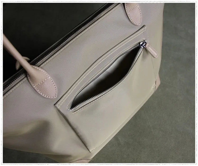 Womens Navy Nylon Shoulder Tote Large Dark Blue&Brown Nylon Handbag Purse for Ladies