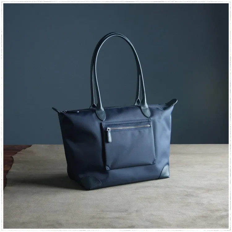 Womens Navy Nylon Shoulder Tote Large Dark Blue&Brown Nylon Handbag Purse for Ladies