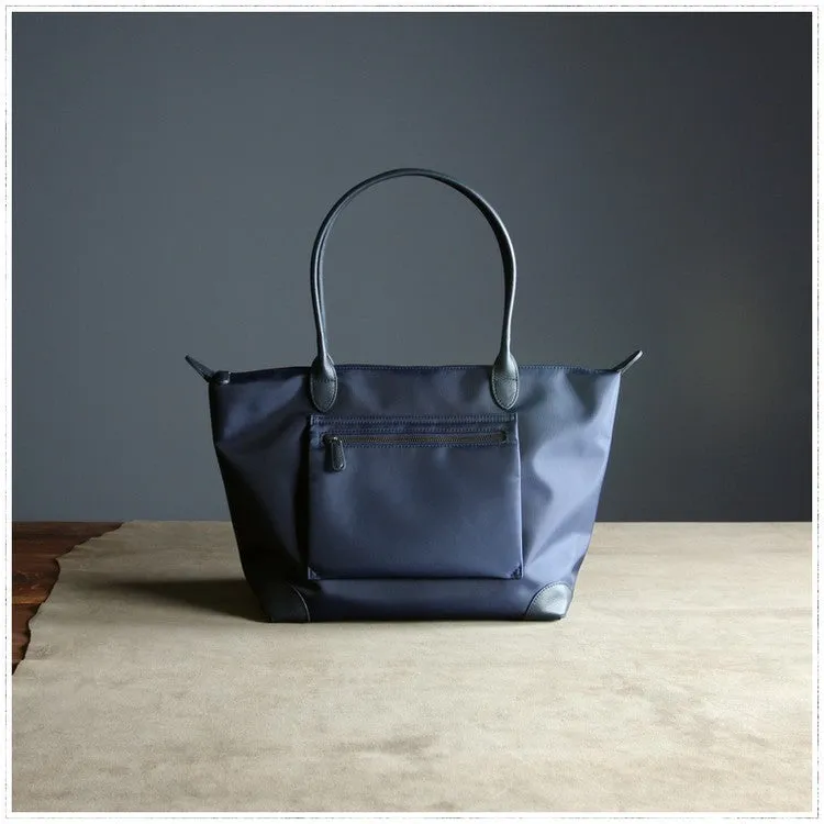 Womens Navy Nylon Shoulder Tote Large Dark Blue&Brown Nylon Handbag Purse for Ladies