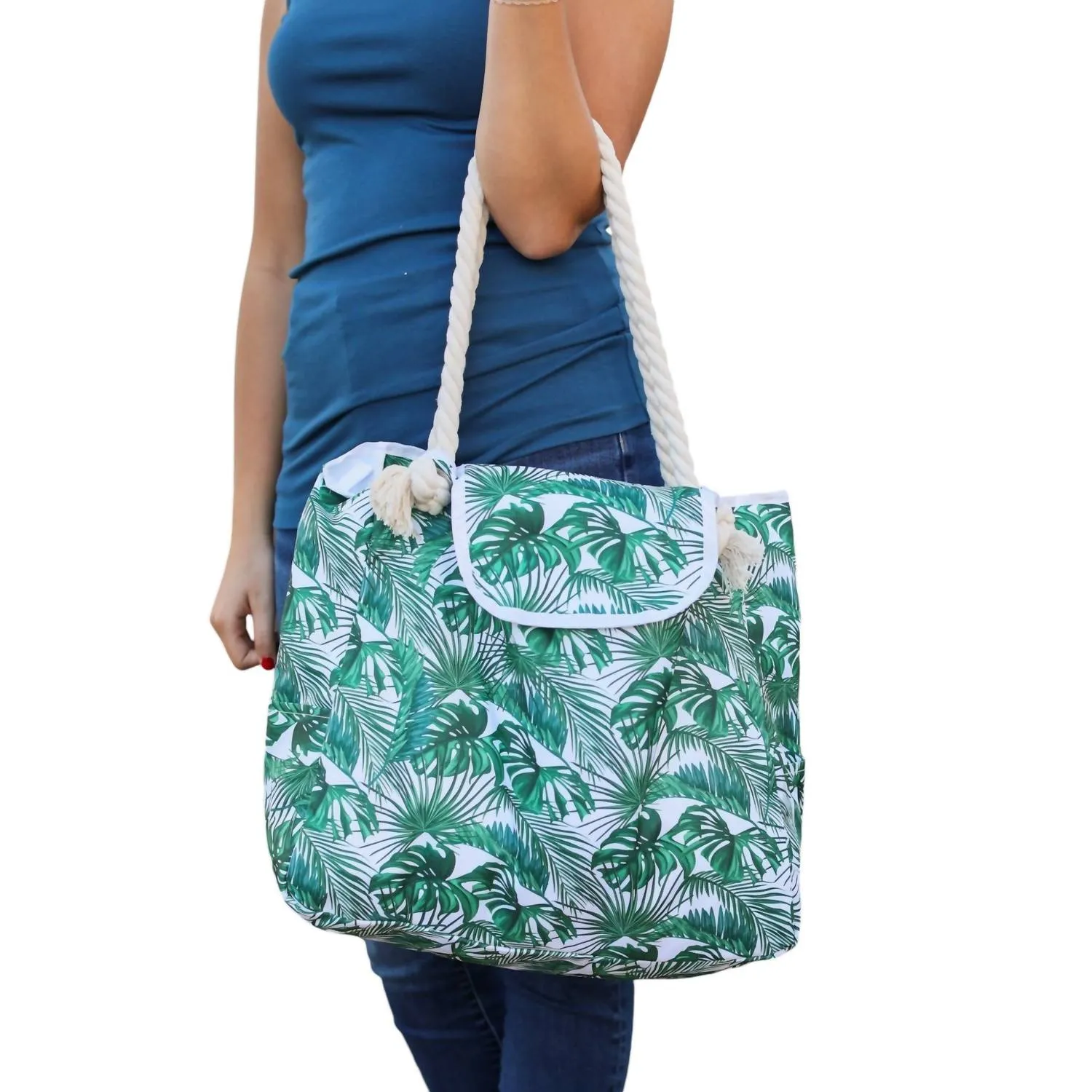 Women's Rope Handle Beach Bag Top Flap In Palm Leaves