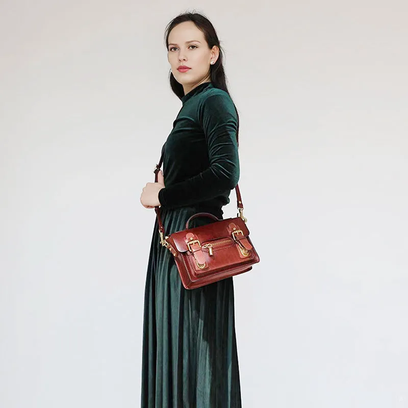 Womens Small Leather Satchel Crossbody Bag Vintage School Handbags Shoulder Bag for Ladies