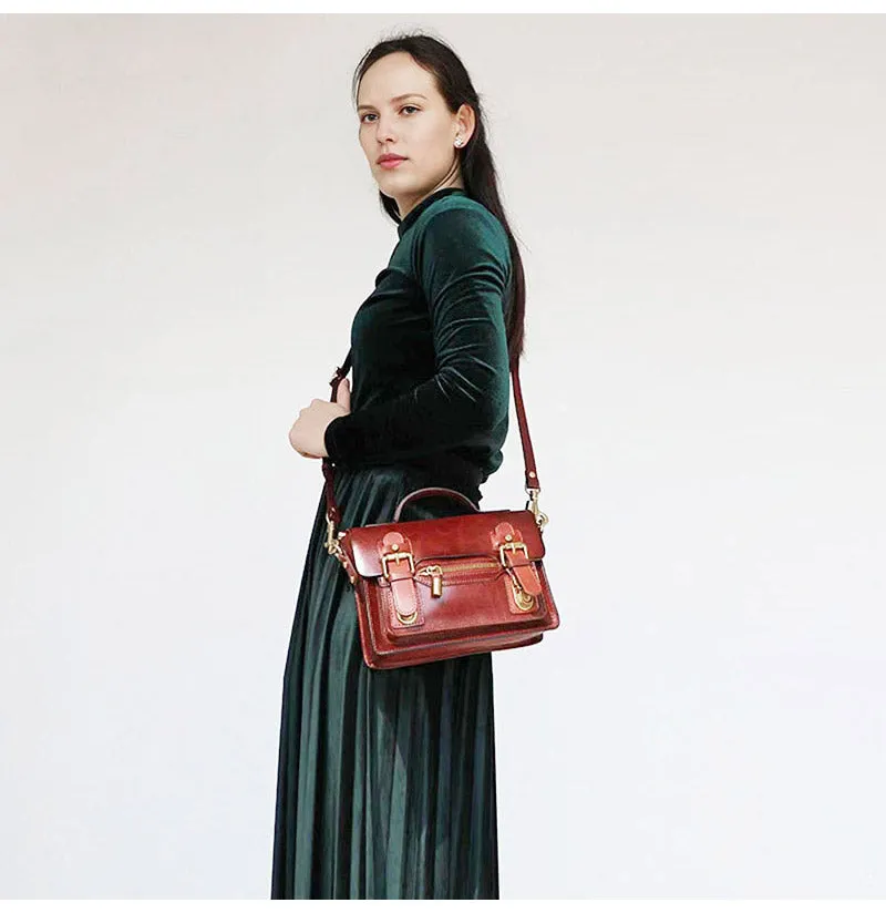 Womens Small Leather Satchel Crossbody Bag Vintage School Handbags Shoulder Bag for Ladies