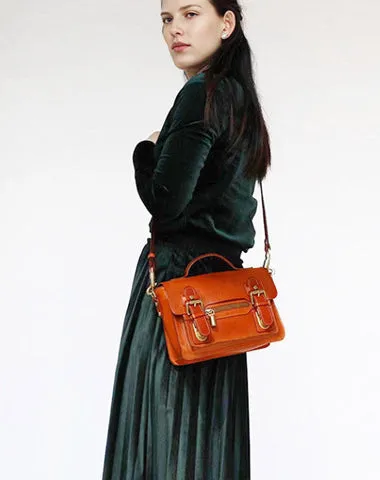Womens Small Leather Satchel Crossbody Bag Vintage School Handbags Shoulder Bag for Ladies