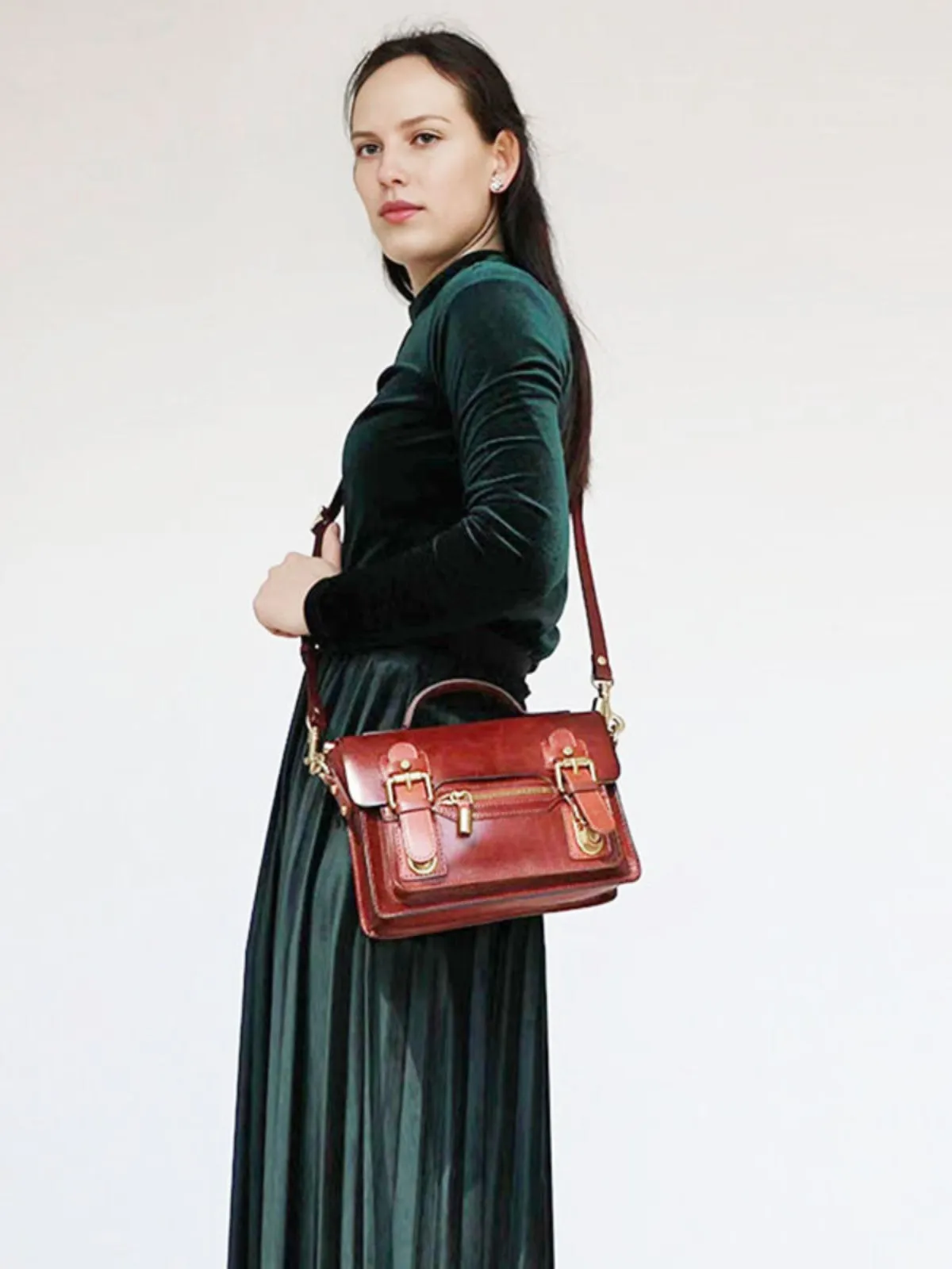 Womens Small Leather Satchel Crossbody Bag Vintage School Handbags Shoulder Bag for Ladies