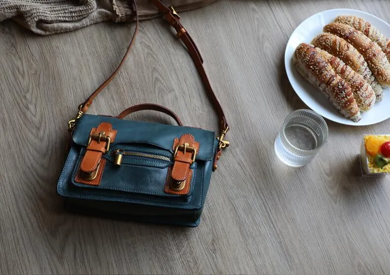 Womens Small Leather Satchel Crossbody Bag Vintage School Handbags Shoulder Bag for Ladies