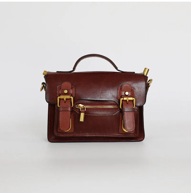 Womens Small Leather Satchel Crossbody Bag Vintage School Handbags Shoulder Bag for Ladies