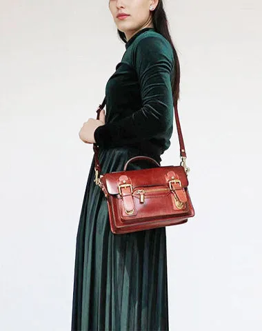 Womens Small Leather Satchel Crossbody Bag Vintage School Handbags Shoulder Bag for Ladies