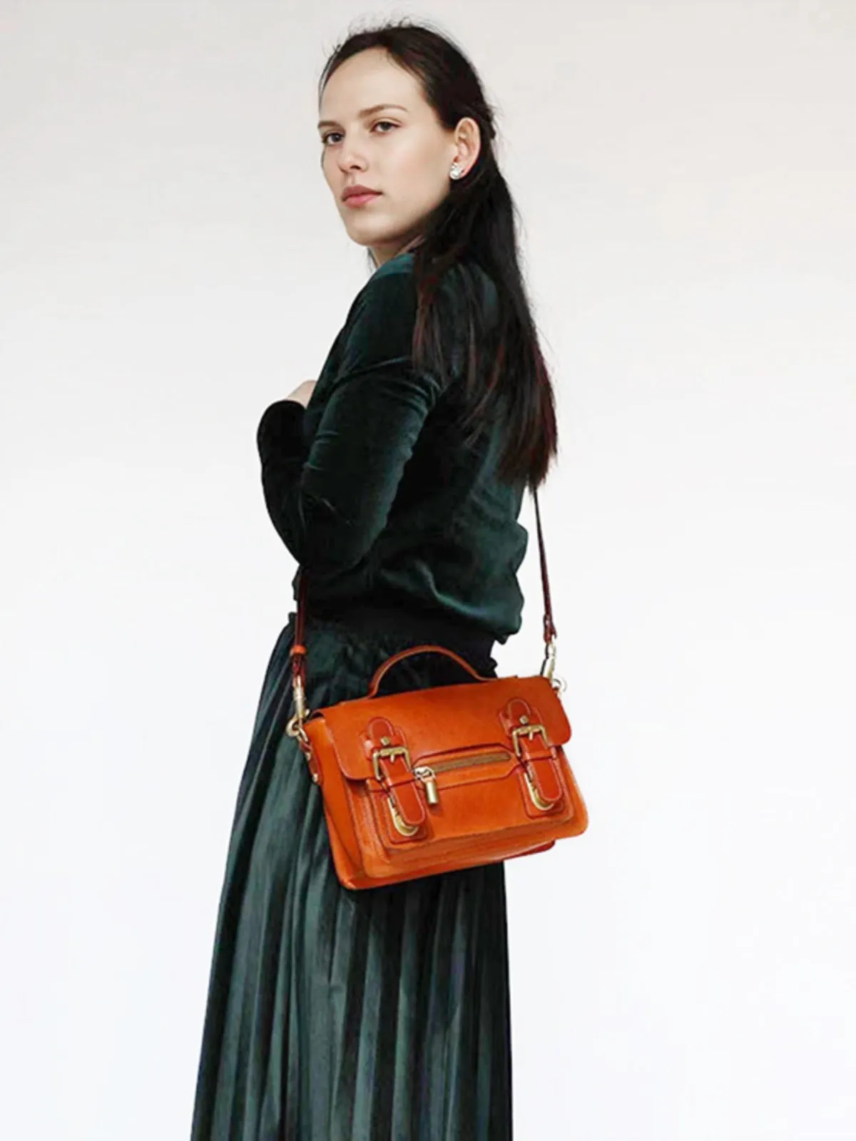 Womens Small Leather Satchel Crossbody Bag Vintage School Handbags Shoulder Bag for Ladies