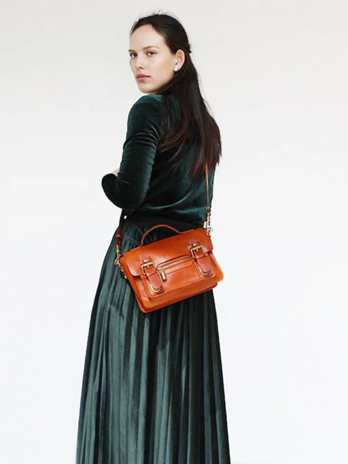Womens Small Leather Satchel Crossbody Bag Vintage School Handbags Shoulder Bag for Ladies