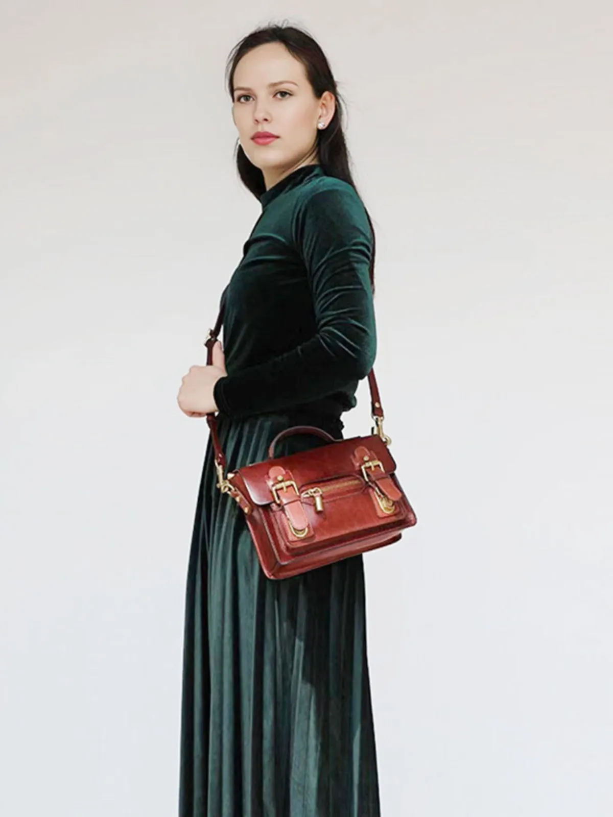 Womens Small Leather Satchel Crossbody Bag Vintage School Handbags Shoulder Bag for Ladies