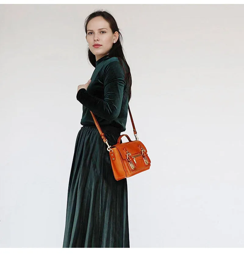 Womens Small Leather Satchel Crossbody Bag Vintage School Handbags Shoulder Bag for Ladies