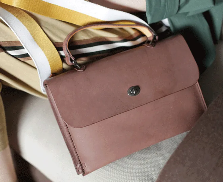Womens Vintage Black Leather Work Handbag Pink Satchel Shoulder Bag Simple Crossbody Bag