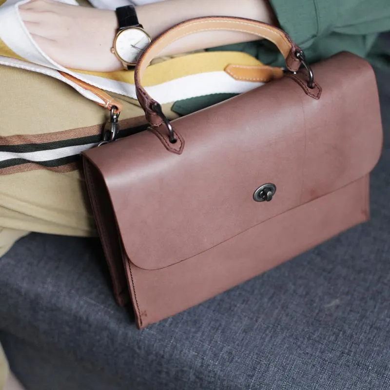 Womens Vintage Black Leather Work Handbag Pink Satchel Shoulder Bag Simple Crossbody Bag