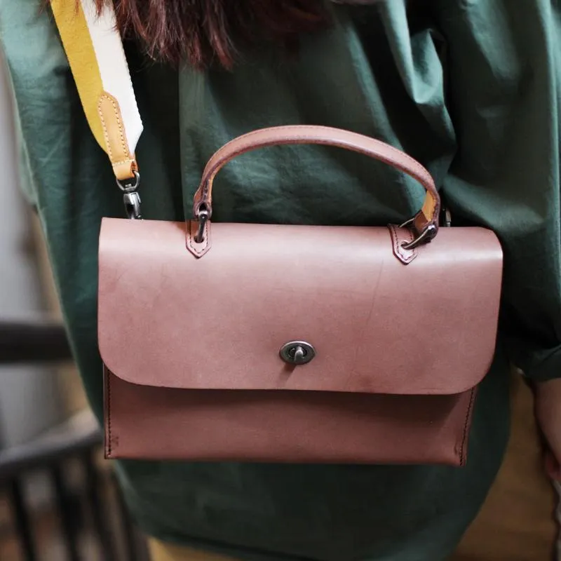 Womens Vintage Black Leather Work Handbag Pink Satchel Shoulder Bag Simple Crossbody Bag