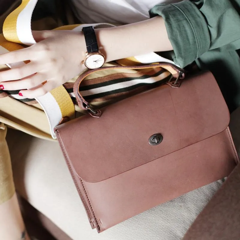 Womens Vintage Black Leather Work Handbag Pink Satchel Shoulder Bag Simple Crossbody Bag