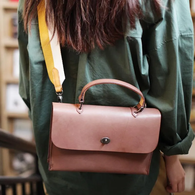 Womens Vintage Black Leather Work Handbag Pink Satchel Shoulder Bag Simple Crossbody Bag