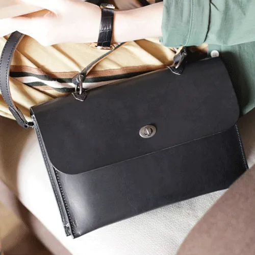 Womens Vintage Black Leather Work Handbag Pink Satchel Shoulder Bag Simple Crossbody Bag